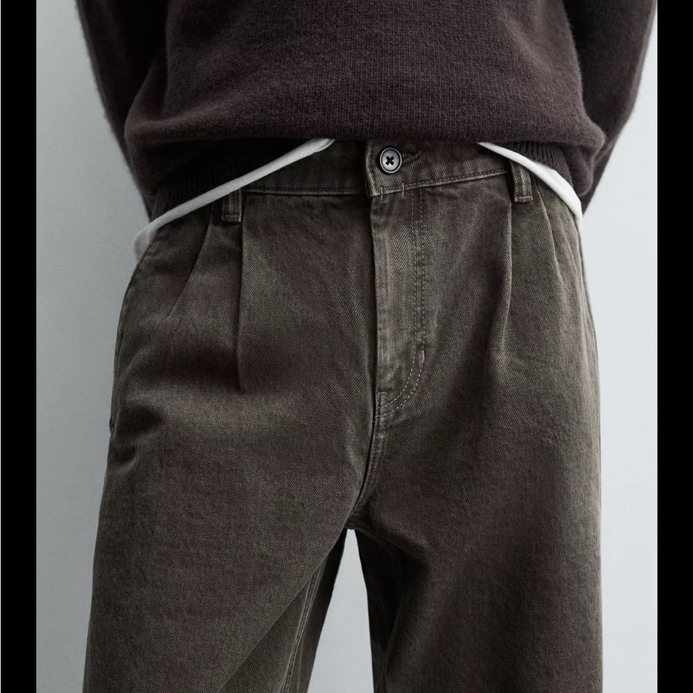 Zara Dark Brown/Taupe wide Straight-Leg Pants - Picture 2 of 9